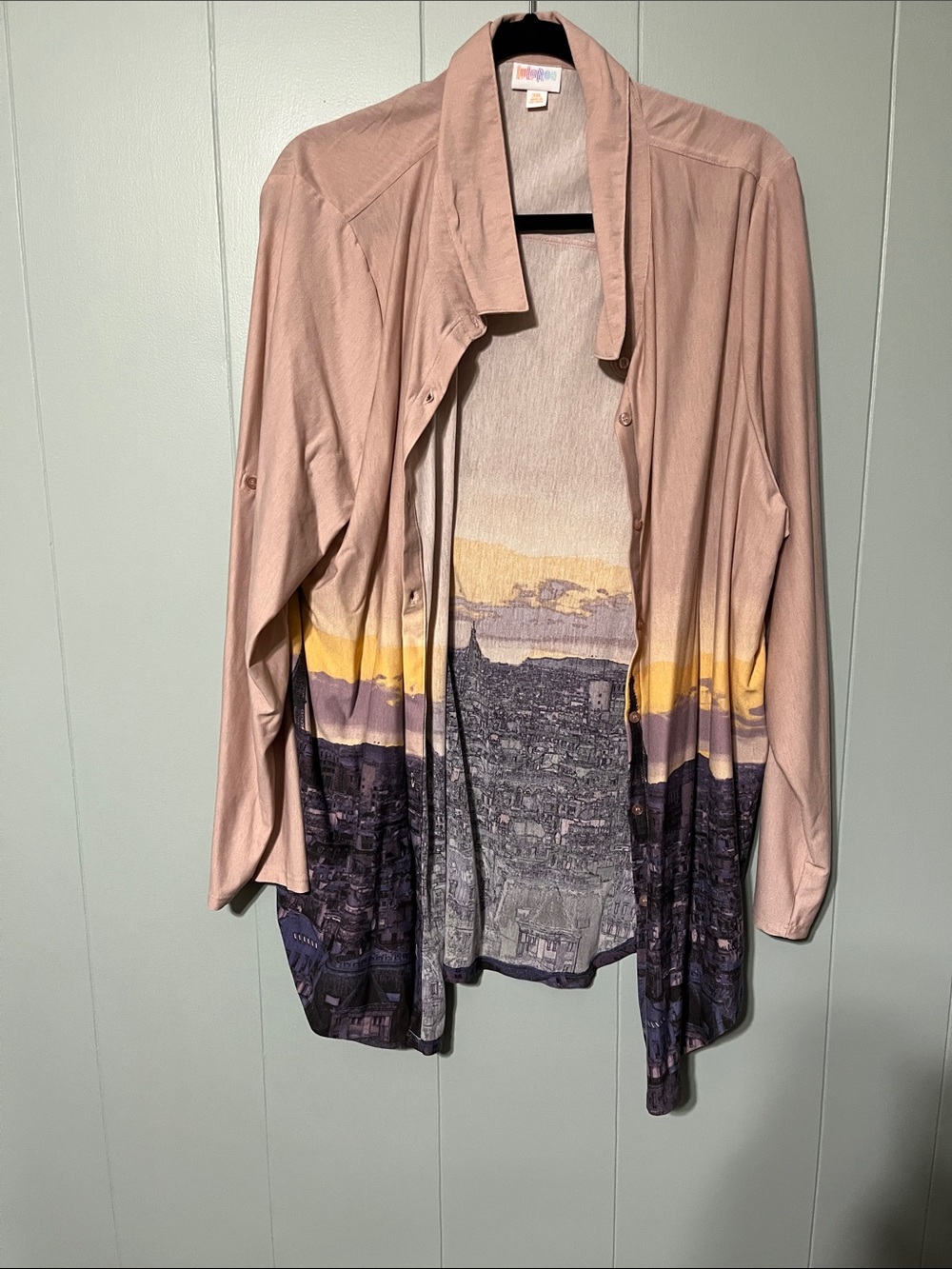 LuLaRoe Soft Blush Button-Up Shirt Eiffel Tower skyline print